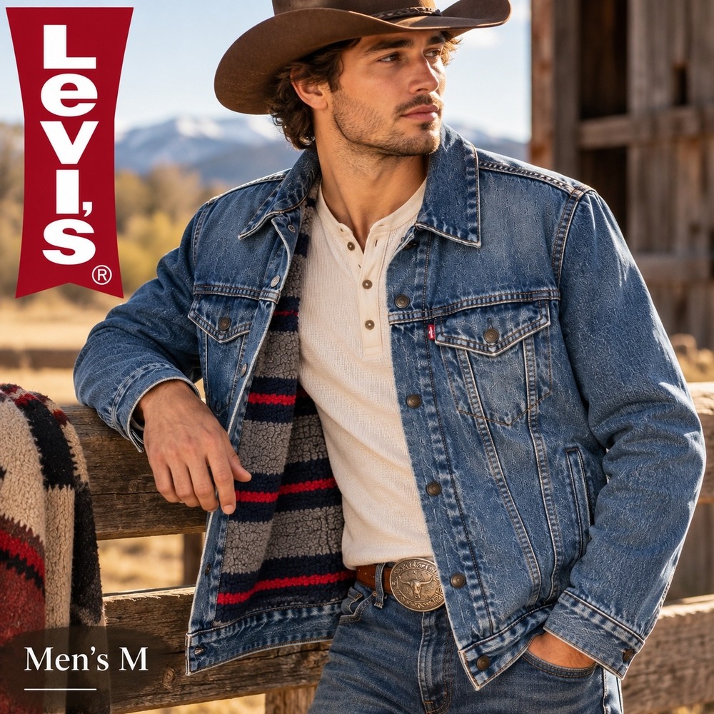 Levi's Sherpa Trucker Jacket Mens M Blue Denim Striped Fleece Lined Western EUC
